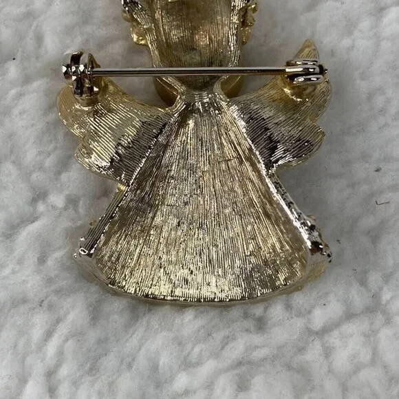 Vintage‎ Christmas Angel Brooch 2" Pin Gold Tone Red Green Rhinestones - Picture 10 of 10